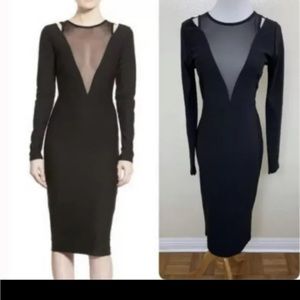 Missguided Mesh Plunge Body Con Midi Dress US 6 Black Long Sleeve
